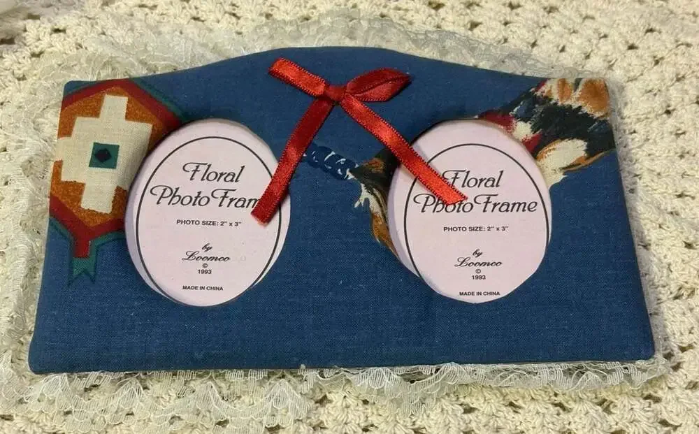 Vintage 1993 Loomco Floral Fabric Double Photo Frame